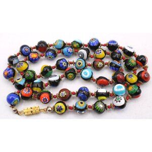 Venetian Millefiori Italian Glass Murano Bead Necklace Screw Clasp 22" Vintage